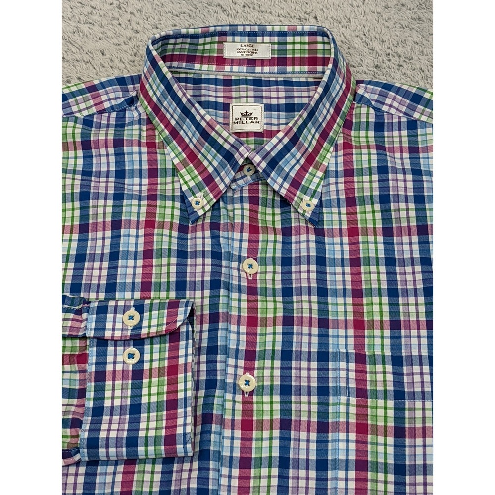 Peter Millar Plaid Pastel Check Long Sleeve Shirt Large Classic Casual Dress